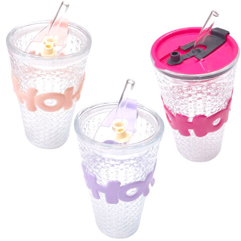 Vaso de vidrio c/sorbito 450ml 3 colores (HA113) Vaso De Vidrio C/sorbito 450ml 3 Colores (ha113)