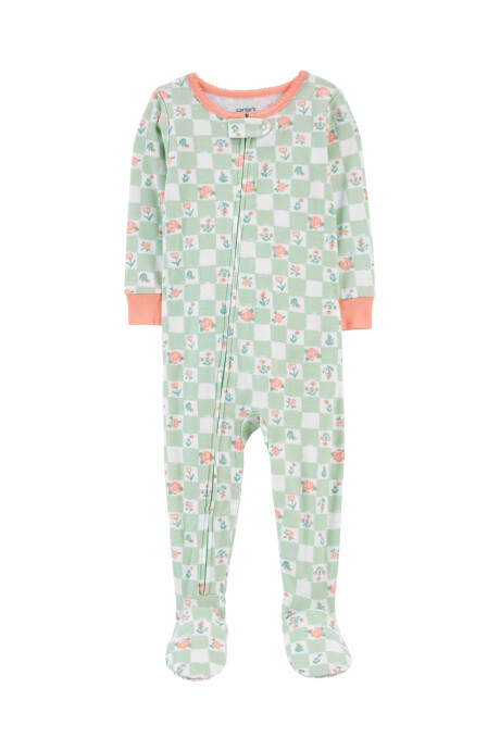 Pijama una pieza de algodón con pie, diseño floral y cuadriculado. Talles 2-5T Sin color