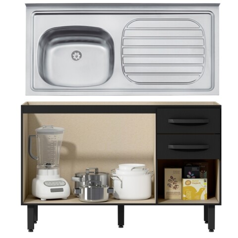 Bajo Mesada 3 Puertas y 2 Cajones con Pileta Izquierda Tramontina Acero Inox - Negro Bajo Mesada 3 Puertas y 2 Cajones con Pileta Izquierda Tramontina Acero Inox - Negro