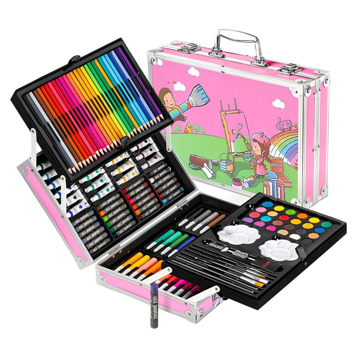 Set Valija Maletín Arte Escolar Didáctico 145 Piezas Pintar - Variante Color Rosado y Verde 