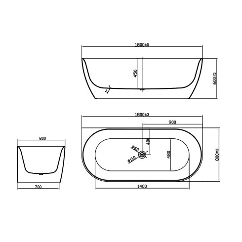BAÑERA DE 180X80X60 BLANCO BRILLO INCLUYE DESAGUE BLANCO