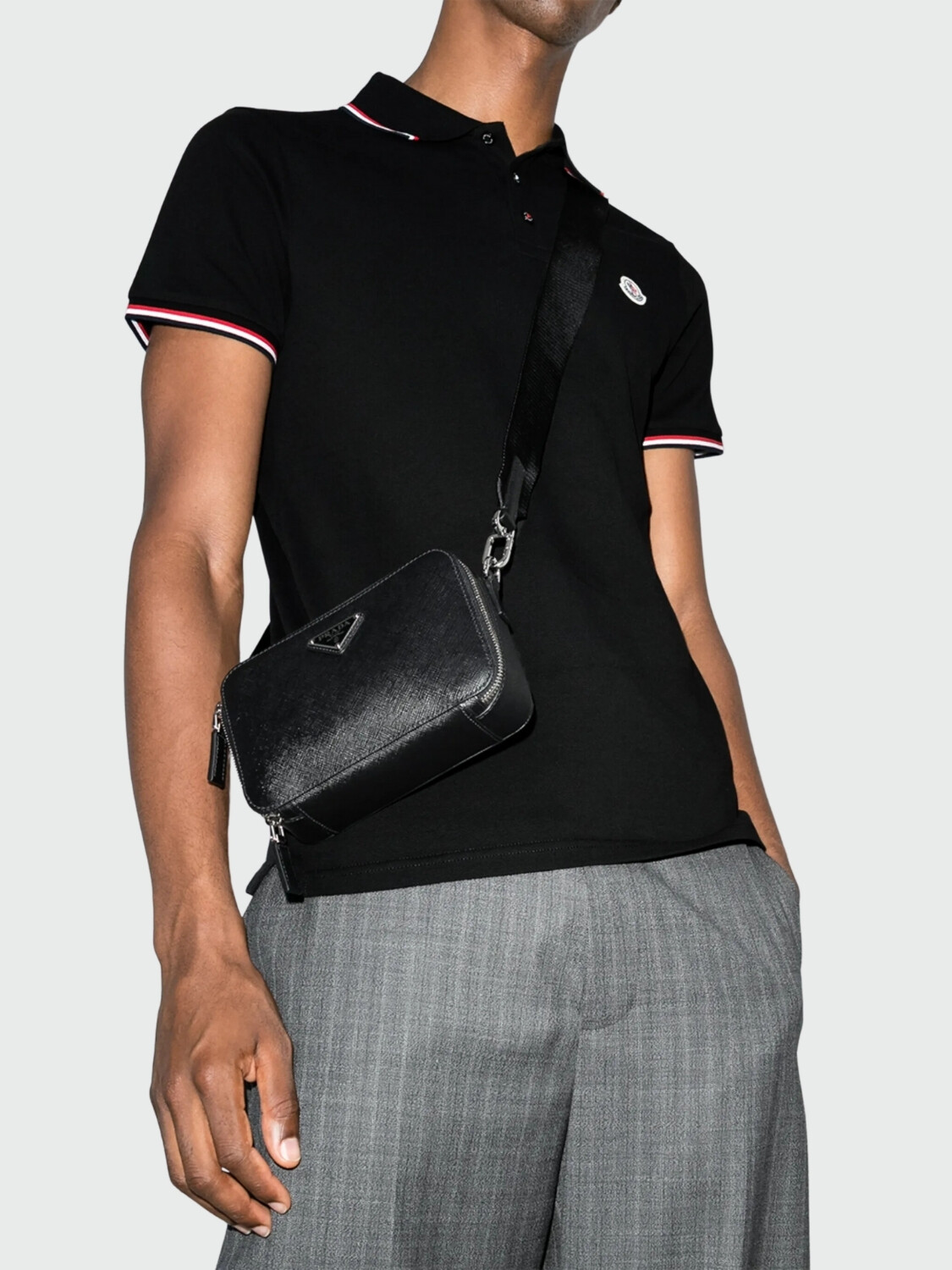 Moncler - Polo de Piqué de Algodón con Ribetes Tricolor Negro