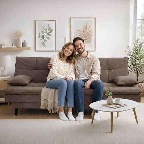 SILLON SOFACAMA LIVERPOOL con asiento reclinable en tela suede con cojines - Marrón SILLON SOFACAMA LIVERPOOL con asiento reclinable en tela suede con cojines - Marrón