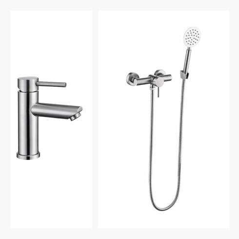 Juego De Griferia Incluye Ducha Exterior Y Lavatorio Bajo Brush Nickel linea RIONE GRIS