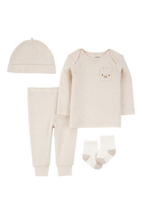 Set cuatro piezas de algodón, pantalón, remera, gorro y medias Sin color