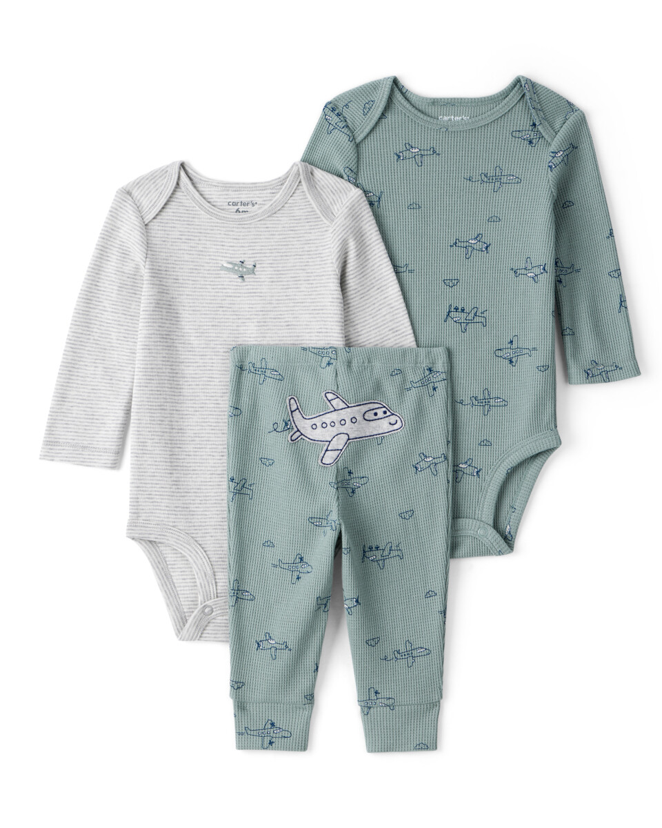 Set tres piezas de algodón, pantalón y dos bodies, diseño aviones 