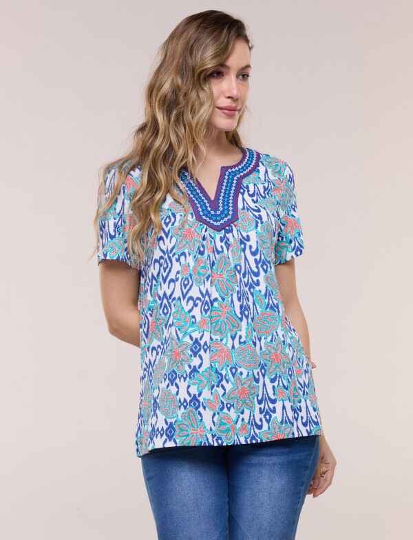 Blusa Con Escote Túnica Bordado MULTI/AZUL