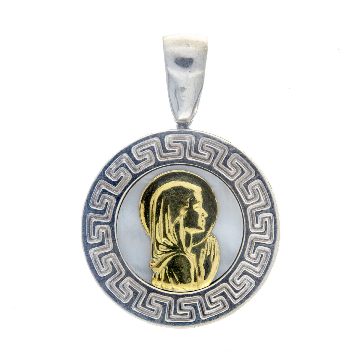 Medalla religiosa de plata 925, double en oro 18 ktes y nácar, VIRGEN NIÑA. 