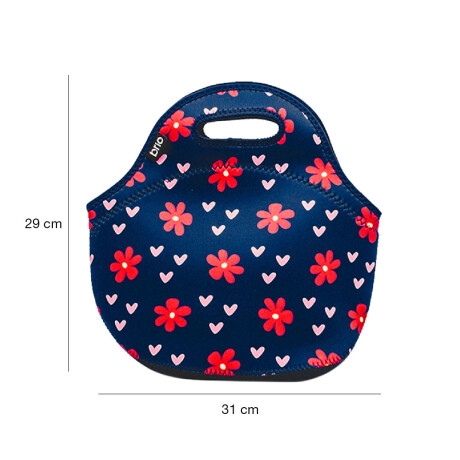 Lunchera de Neopreno Brio Bolso Térmico Bebida Comida c/ Asa Azul Flores Rojas