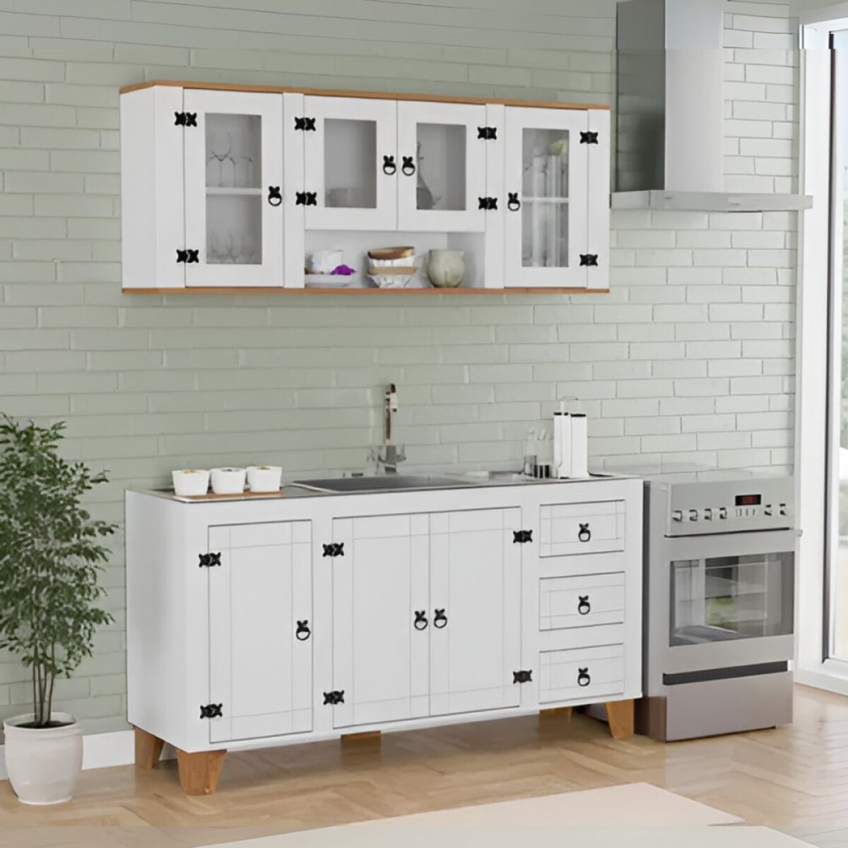 Promo Áereo 4 Puertas + Bajo Mesada Línea Naturale - Blanco/Roble con Vidrios 