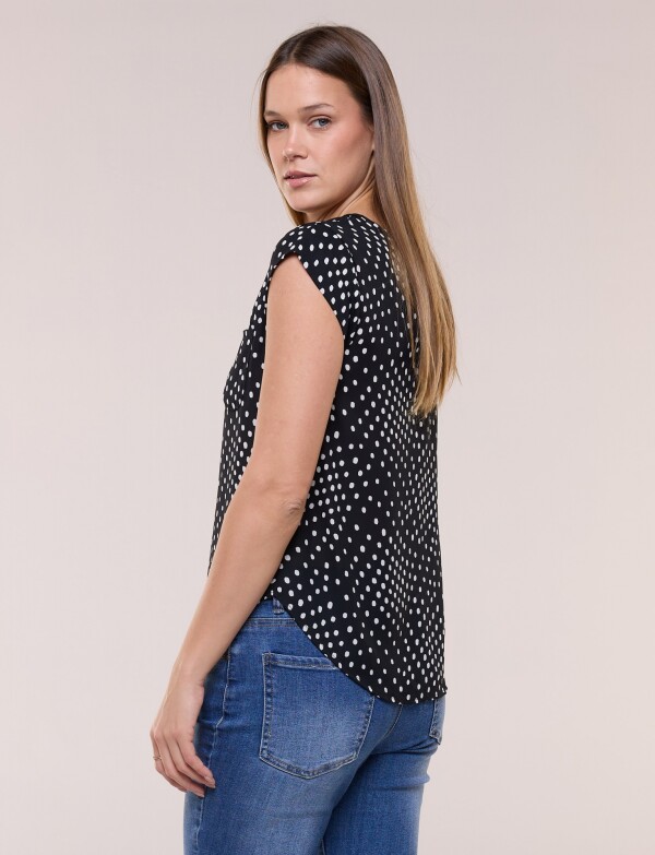 Blusa De Gasa Manga Corta Con Bolsillo Frontal NEGRO/BLANCO