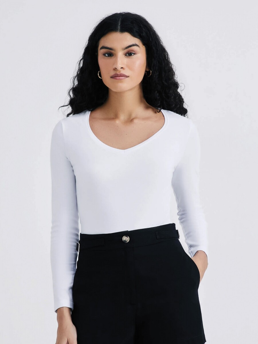 BLUSA BÁSICA DE MANGA LARGA Y CUELLO EN V - BLANCO 