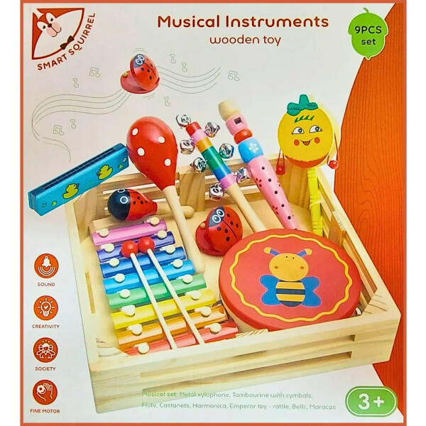 Set de 9 instrumentos musicales en cajita de madera Set de 9 instrumentos musicales en cajita de madera