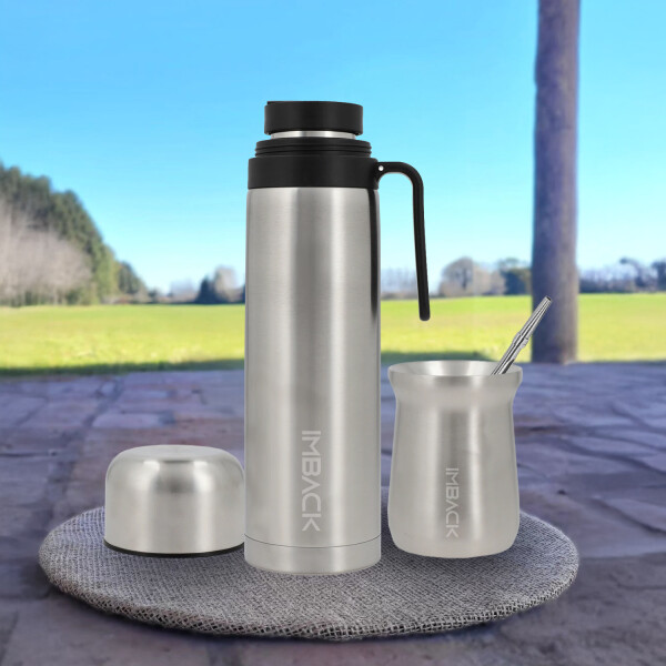 Set Termo de Acero Inoxidable Doble Capa con Tapa Pico Cebador de 1 litro Color Plata + Mate + Bombilla Set Termo de Acero Inoxidable Doble Capa con Tapa Pico Cebador de 1 litro Color Plata + Mate + Bombilla