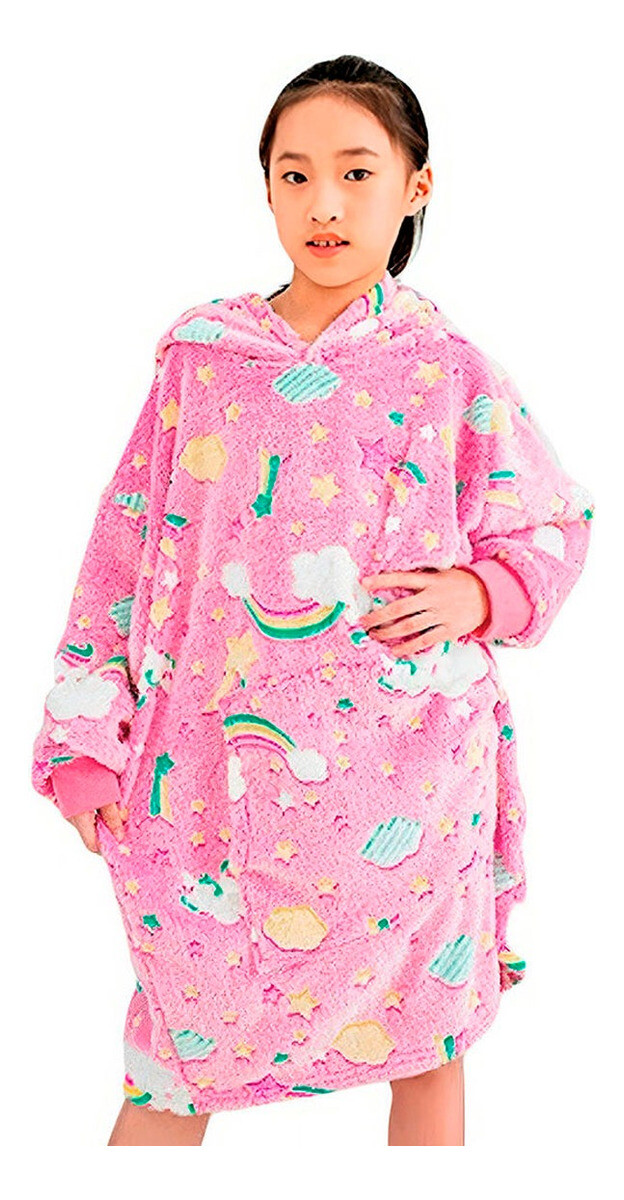 Buzo Manta Canguro Infantil Capucha Bolsillo Brillo Nocturno - Rosa 