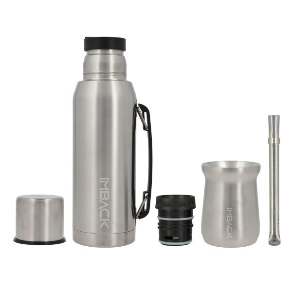 Set Termo de Acero Inoxidable Doble Capa y Doble Pico de 1 litro Color Plata + Mate + Bombilla Set Termo de Acero Inoxidable Doble Capa y Doble Pico de 1 litro Color Plata + Mate + Bombilla