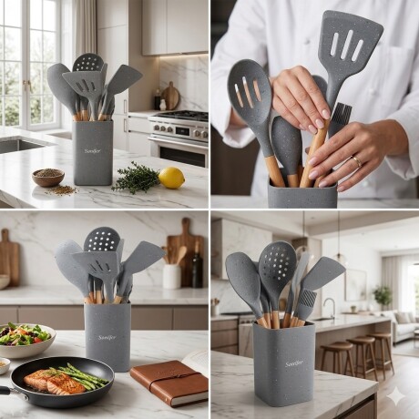 Set Utensilios Cocina Sonifer Silicona Mango Madera 9 Piezas Gris