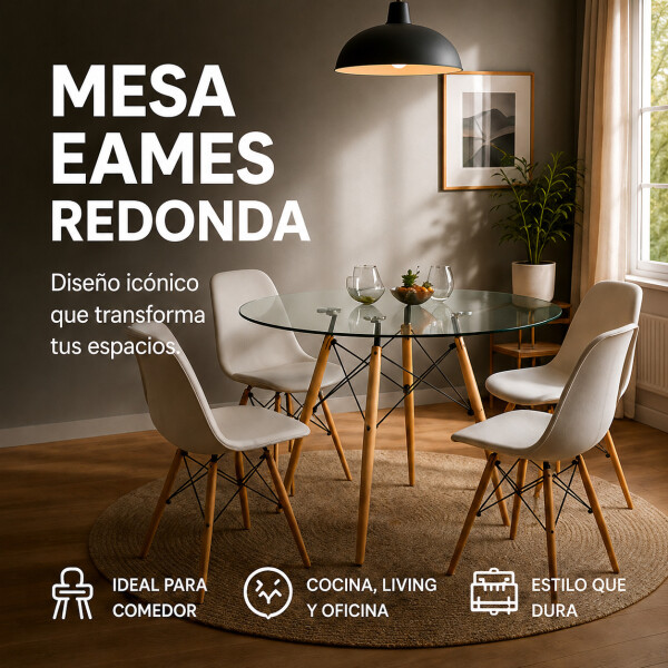 Mesa Comedor ComboHome Eames Redonda Vidrio 90 Cm Premium Transparente