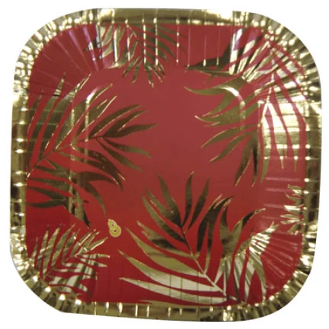 Cotillón Platos Descartables x8 Hoja Dorada/Fondo Rojo