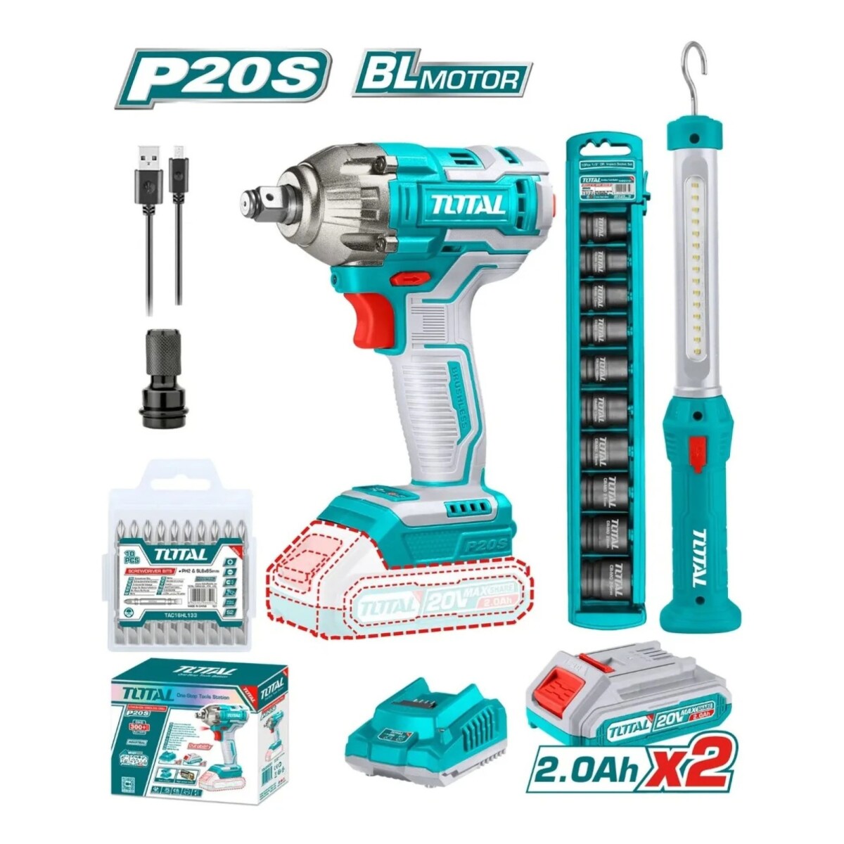 Kit Llave de Impacto Brushless 20V + Lámpara y Dados Total 