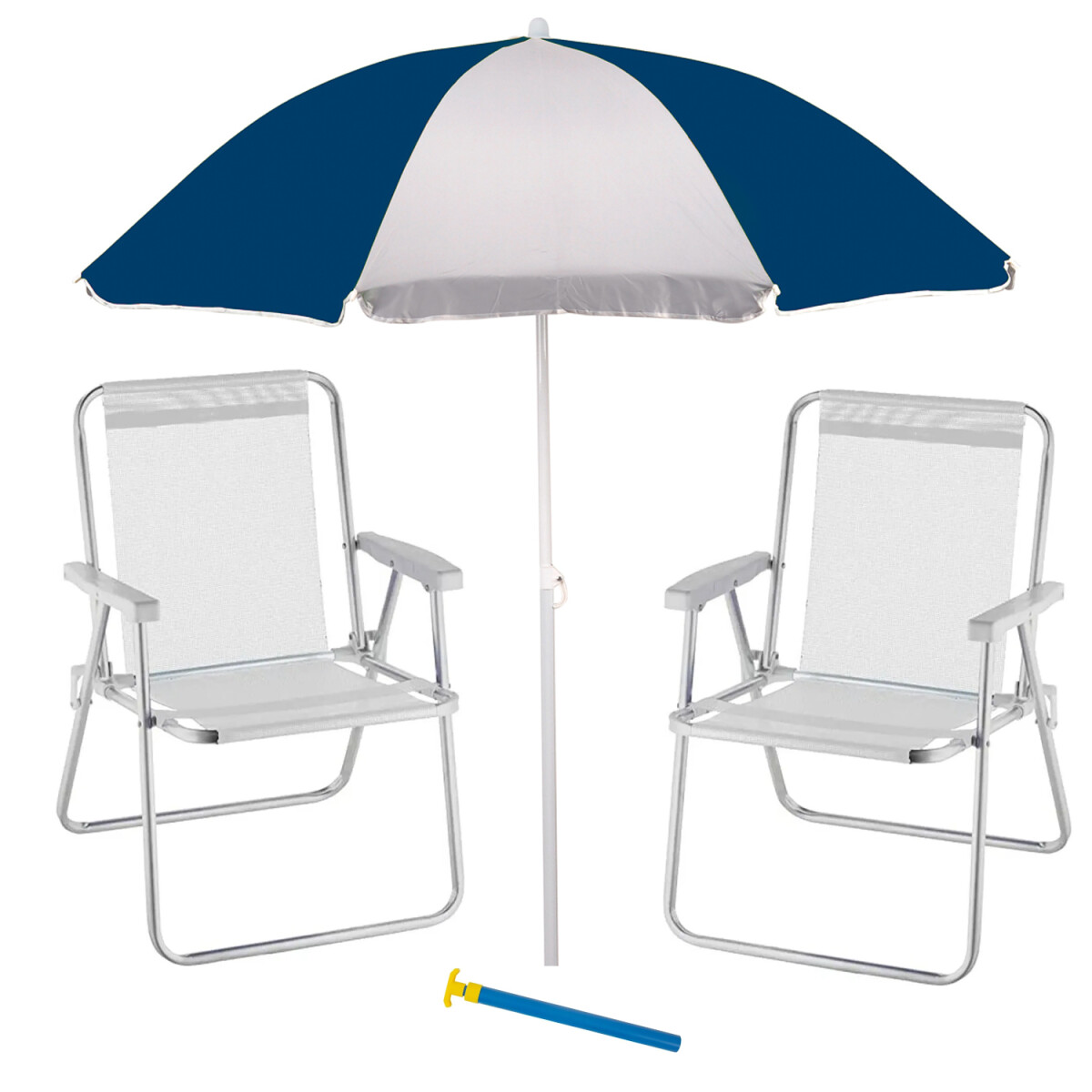 Set Sombrilla FPS 70 + Silla Plegable + Saca Arena Playa MOR - Azul Marino/plata 