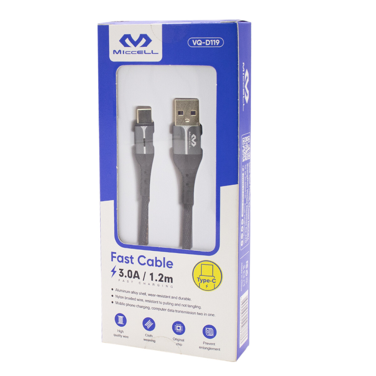 Cable Tipo C Miccell 3a 1.2m Gris Punta Flexible 