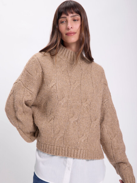 Sweater tejido cuello camisa Tostado