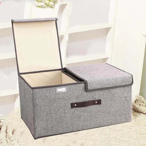 Caja Organizadora Plegable Ropa Doble Compartimiento Premium Color Gris y Blanco