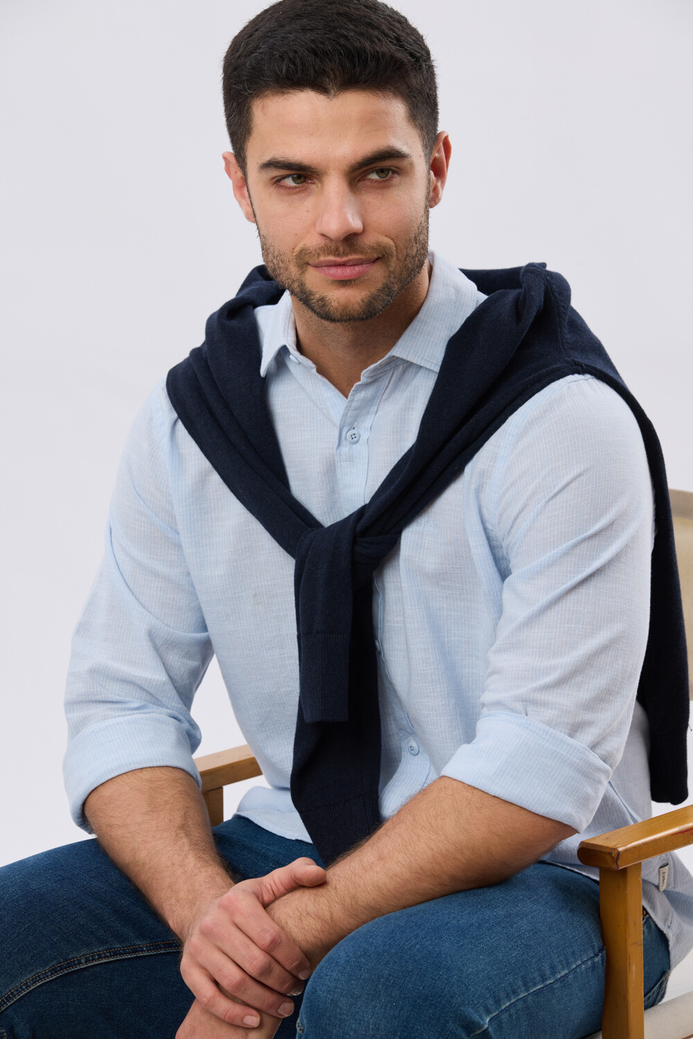 CAMISA RAYADA DE LINO Celeste