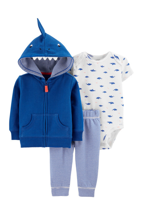 Set tres piezas de algodón, campera, pantalón y body, diseño tiburón Set tres piezas de algodón, campera, pantalón y body, diseño tiburón