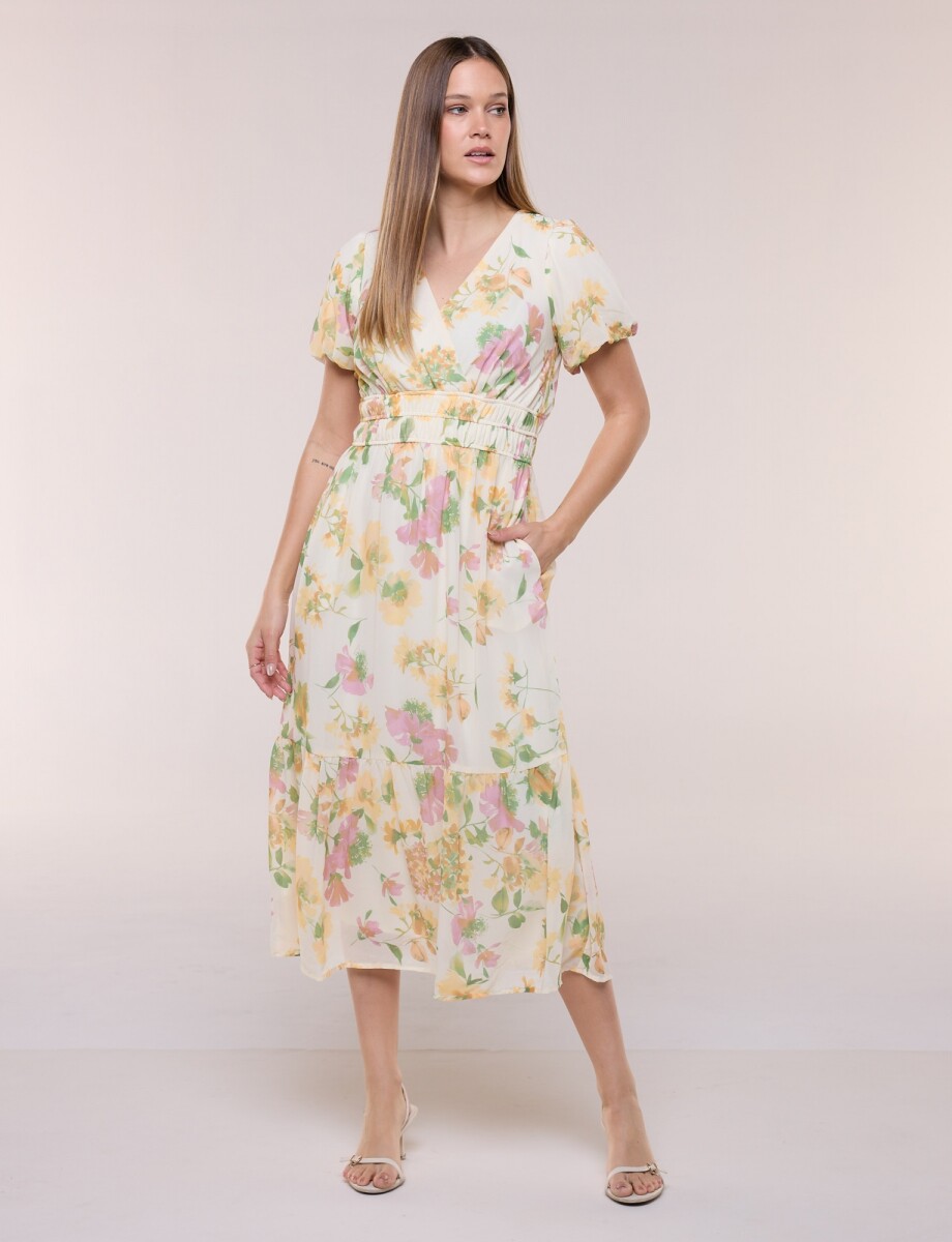Vestido Maxi Floral Con Mangas Abullonadas - Amarillo/multi 