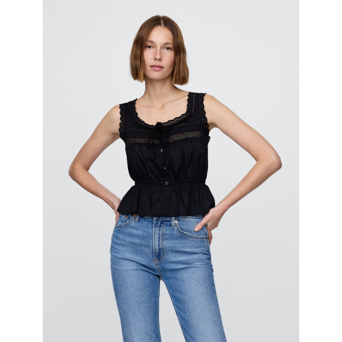SL LACE TIE FEMME TOP - TRUE BLACK 