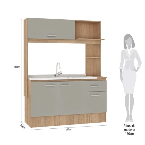 Kit de cocina compacta 4 puertas 1 cajón Patas Ajustables 141 x 50 x 185 cm - Carvale / Cinza Kit de cocina compacta 4 puertas 1 cajón Patas Ajustables 141 x 50 x 185 cm - Carvale / Cinza