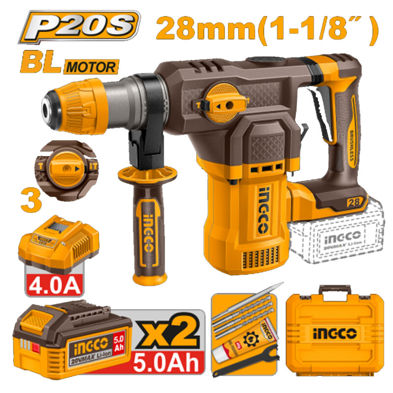 ROTOMARTILLO A BATERIA 20V 28MM 4.5J SDS PLUS C/2 BAT 5.0AH + CARGADOR + ACCESOR ROTOMARTILLO A BATERIA 20V 28MM 4.5J SDS PLUS C/2 BAT 5.0AH + CARGADOR + ACCESOR