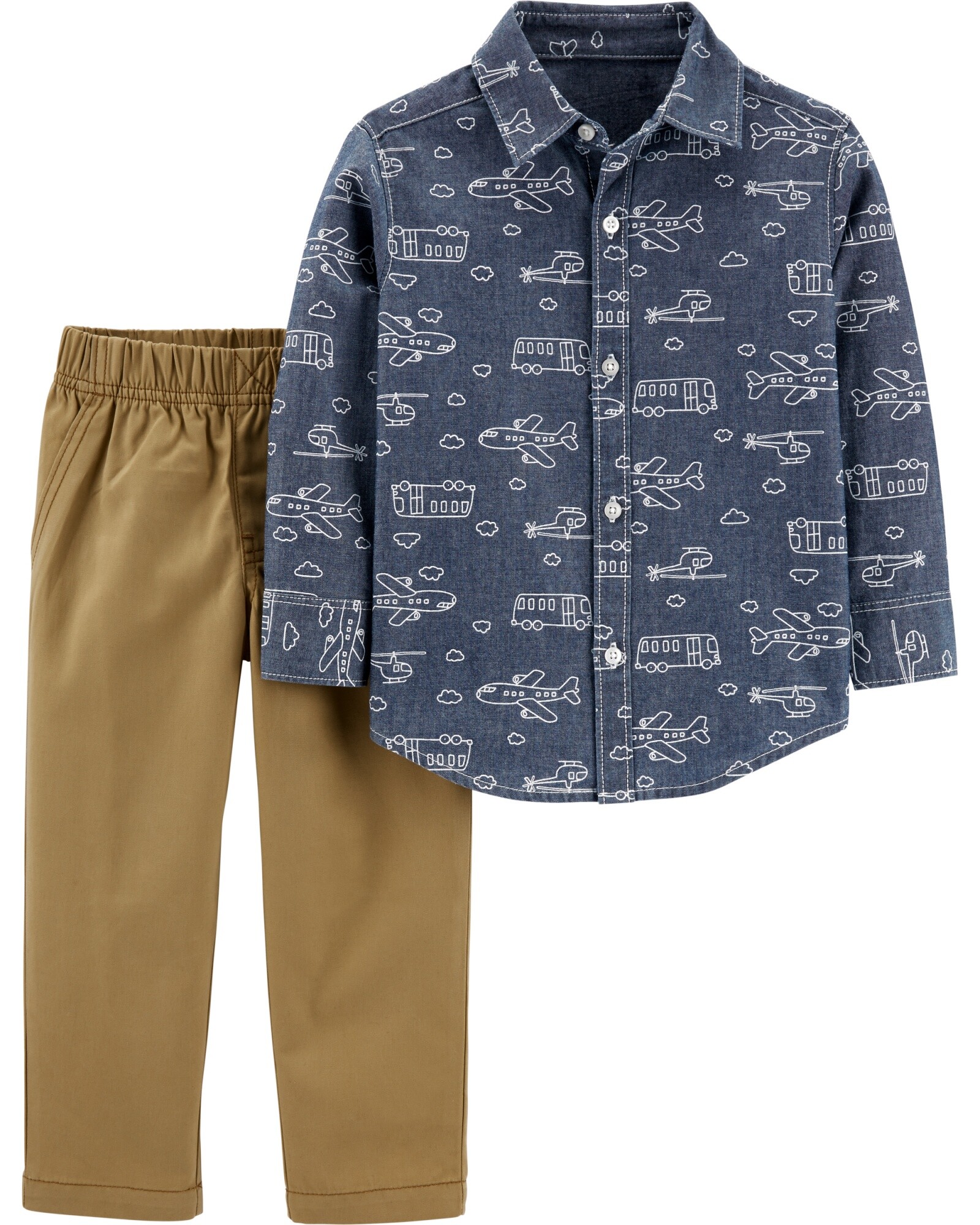 Set dos piezas pantalón de lona y camisa de chambray manga larga diseño transportes Sin color