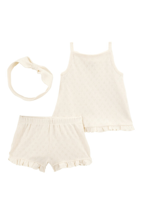 Set tres piezas de algodón calado, short, musculosa y vincha Sin color