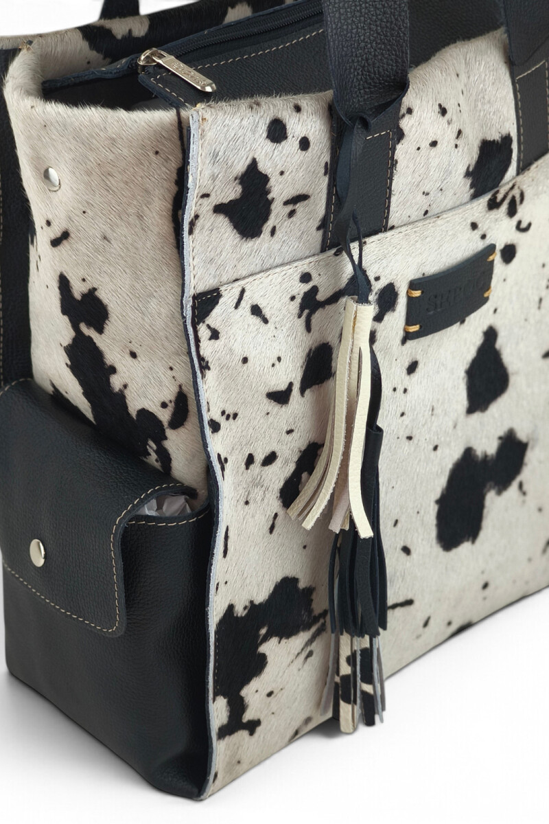 Bolso Tote de Cuero Vacuno y Pelo Natural Negro