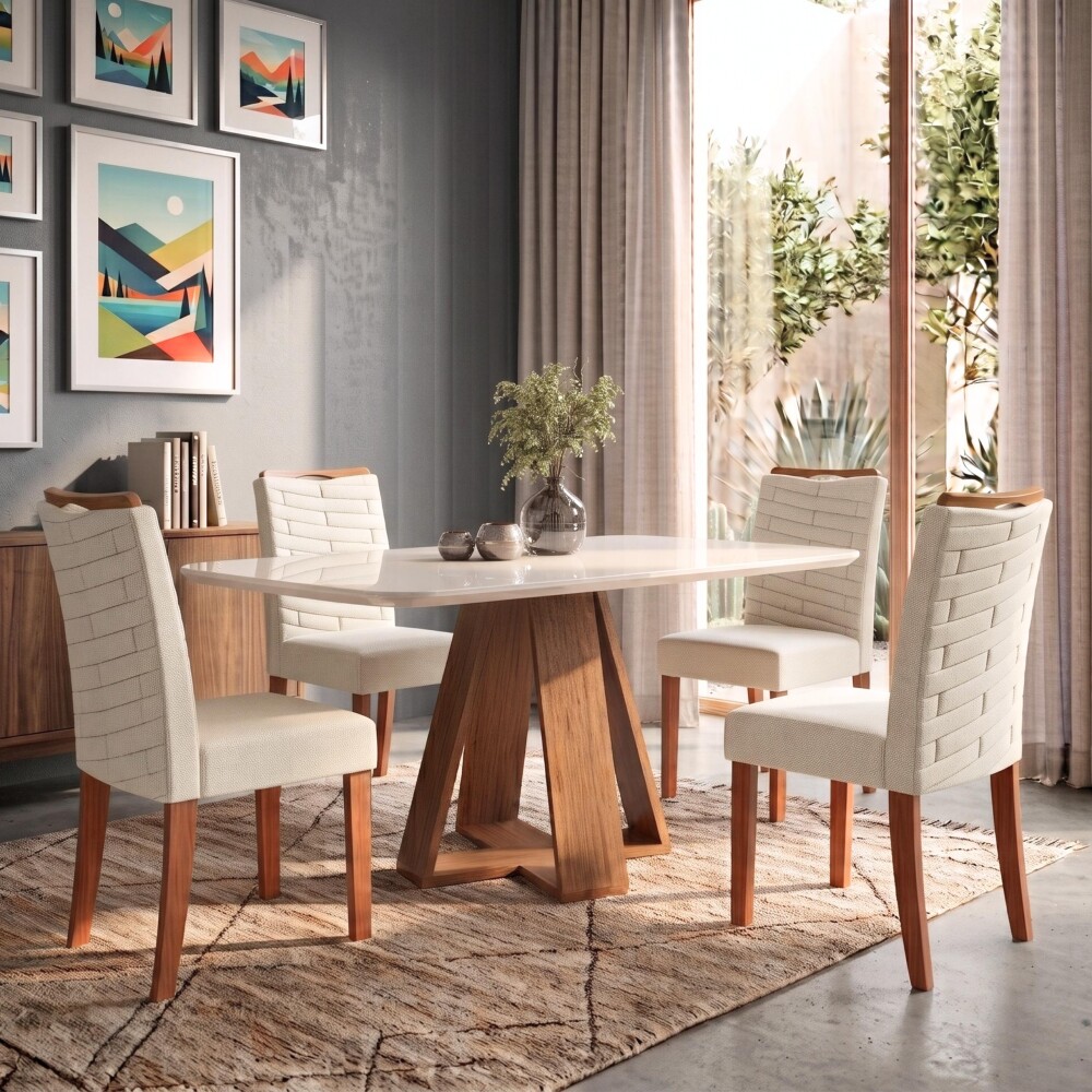 Juego De Comedor - 4 Sillas + Mesa Tapa De Vidrio - Celeste Beige / Beige