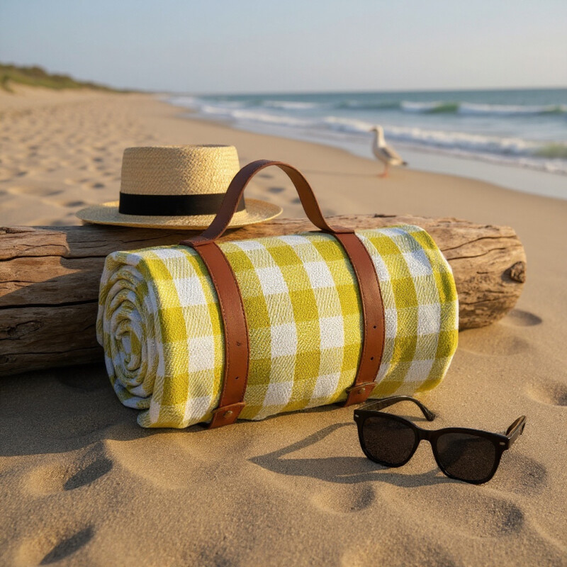 Manta De Picnic Playa Con Correa Cuero Pu 2x2 Metros Amarillo