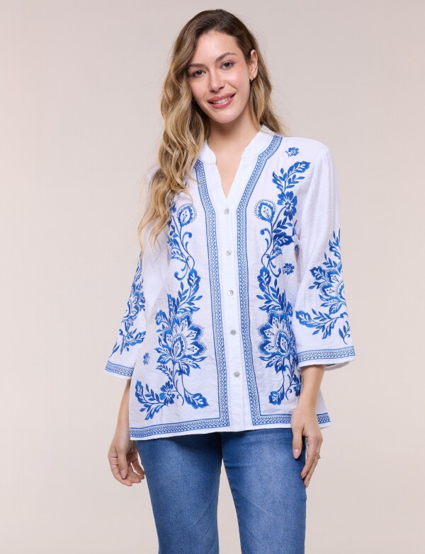 Blusa Bordado Floral BLANCO/AZUL