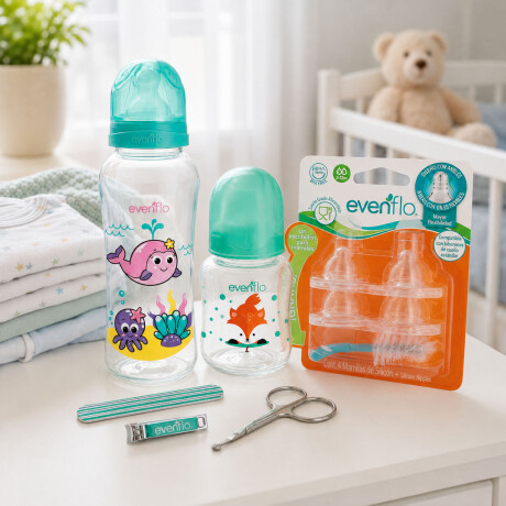 Set Evenflo 2Mamaderas 120/240ml +Estuche Manicure +4Tetinas Turquesa