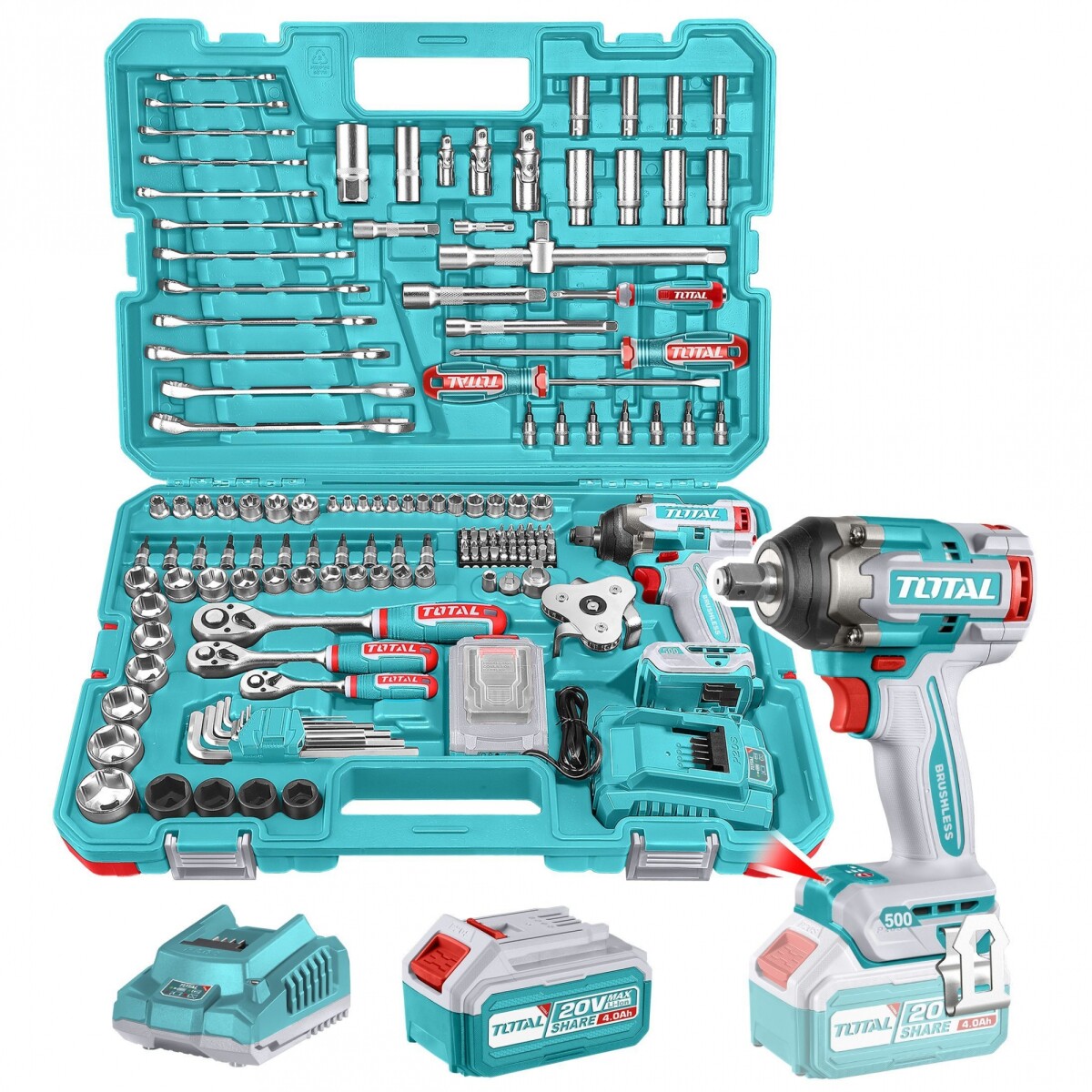 Set De 152 Piezas Total: Llave De Impacto Inalámbrica 20v 1/2" 500Nm + Dados + Llaves + Puntas 
