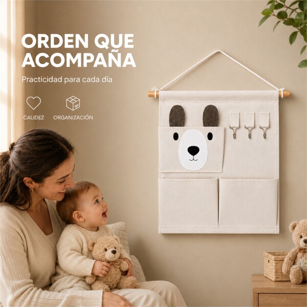 Organizador Colgante Infantil Osito Perchero Bolsillos Blanco