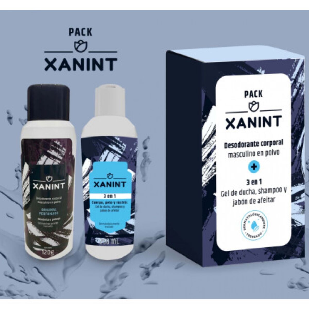 Pack de Cuidado Masculino Xanint Desodorante Corporal en Polvo 120 GR + Shampoo 3 EN 1 200 GR 