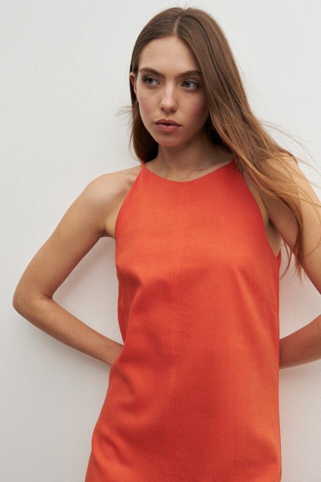Vestido de lino con tajos naranja