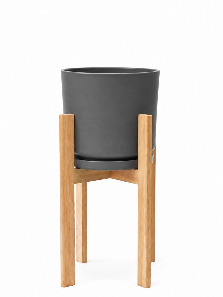MACETA CERAMICA GRANDE CON SOPORTE ALTO GRIS OSCURO