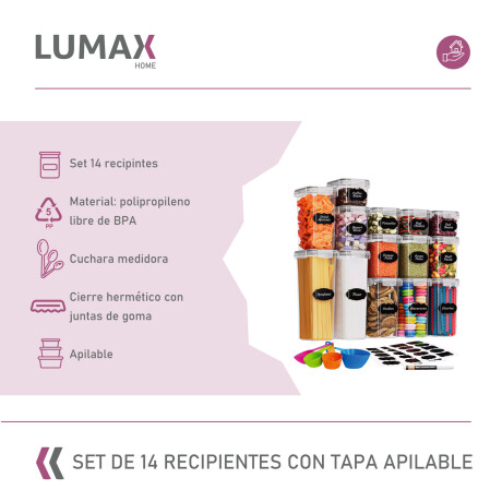 Set de 14 Recipientes Herméticos con Tapa Apilables Lumax Set de 14 Recipientes Herméticos con Tapa Apilables Lumax