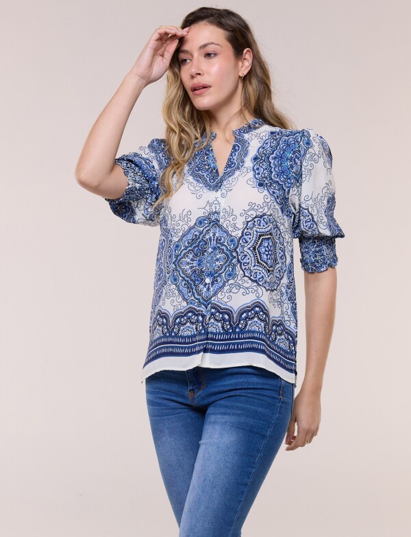 Blusa Crepé Con Mangas Abullonadas BLANCO/AZUL
