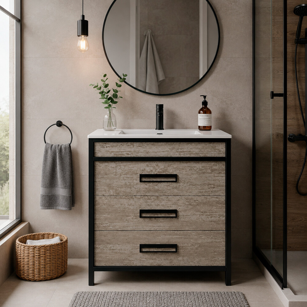 MUEBLE DE BAÑO VANITY MARRÓN CON BACHA BLANCA Mueble De Baño Vanity Marrón Con Bacha Blanca