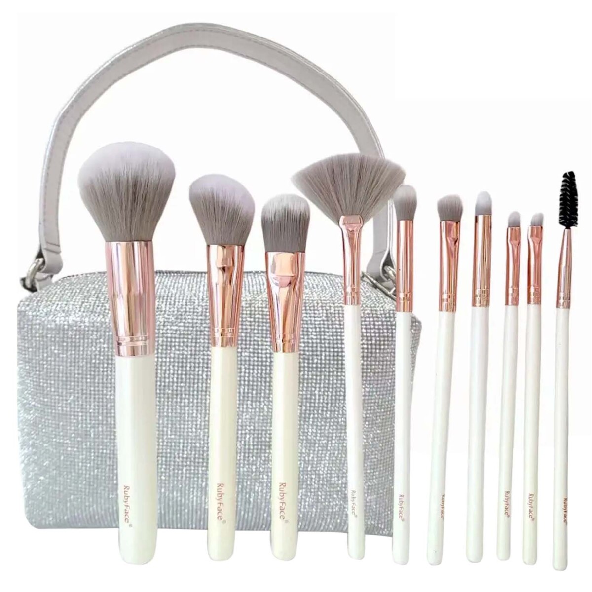 Set Completo Maquillaje 10 Piezas Brochas Pinceles y Estuche - Plateado 